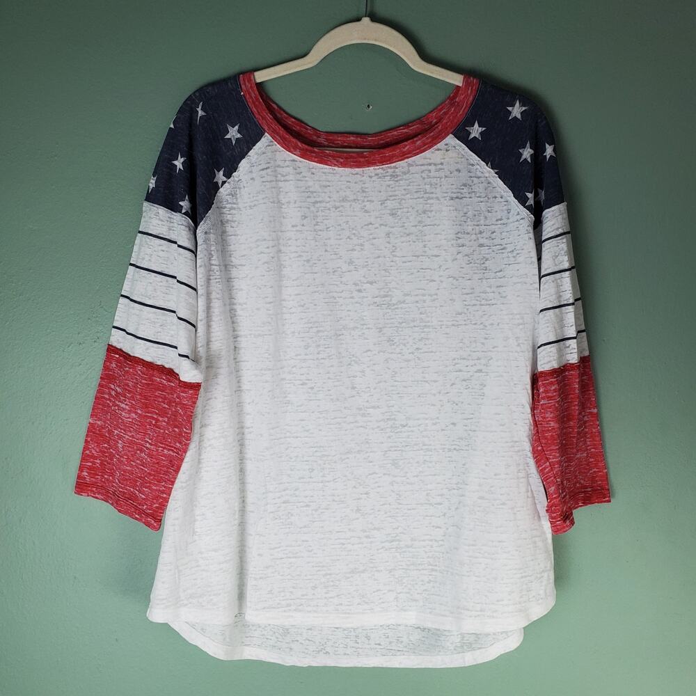 Maurices Womens White Burnout Star Blue Stripes Baseball Tshirt Top USA Size XXL